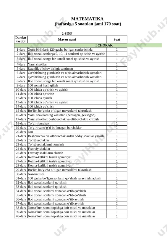 2-sinf taqvimreja matematika — XLSX