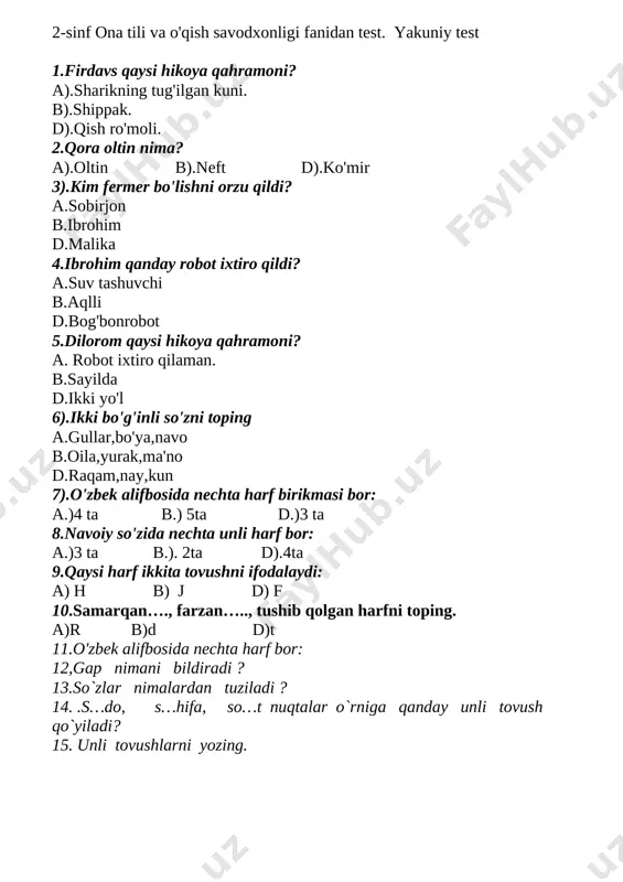 2-sinf yakuniy test — DOCX