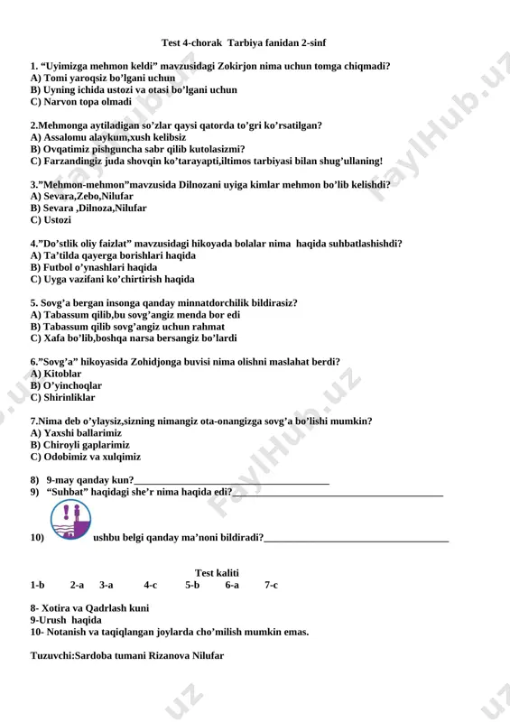 tarbiya fanidan test — DOCX