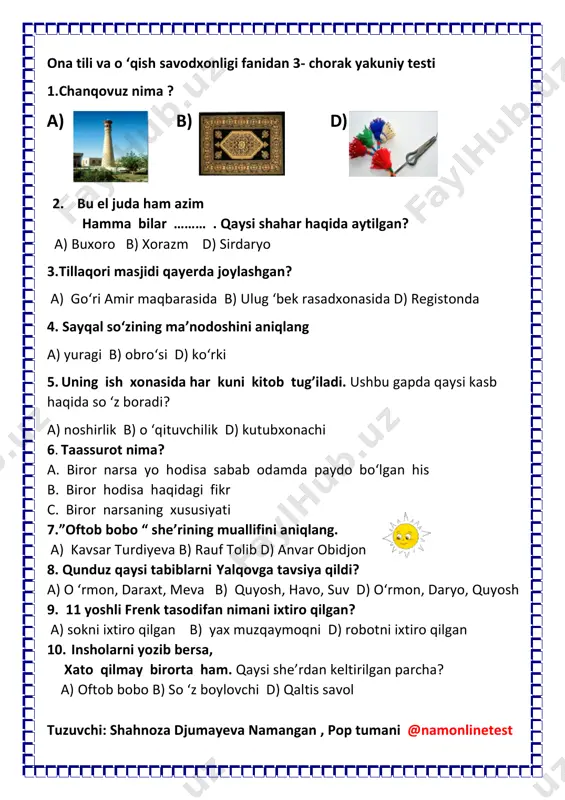 3-chorak ona tili va o'qish yakuniy test 2-sinf — PDF