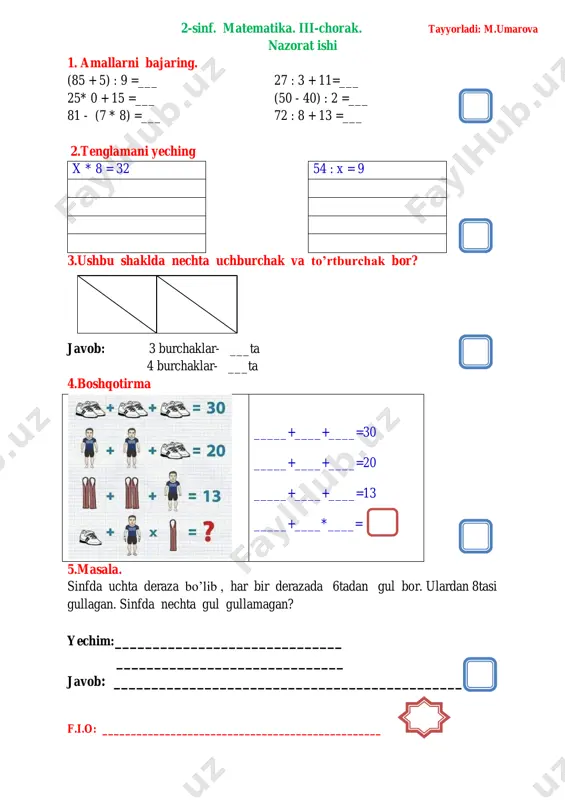2-sinf. matematika. nazorat ishi — PDF