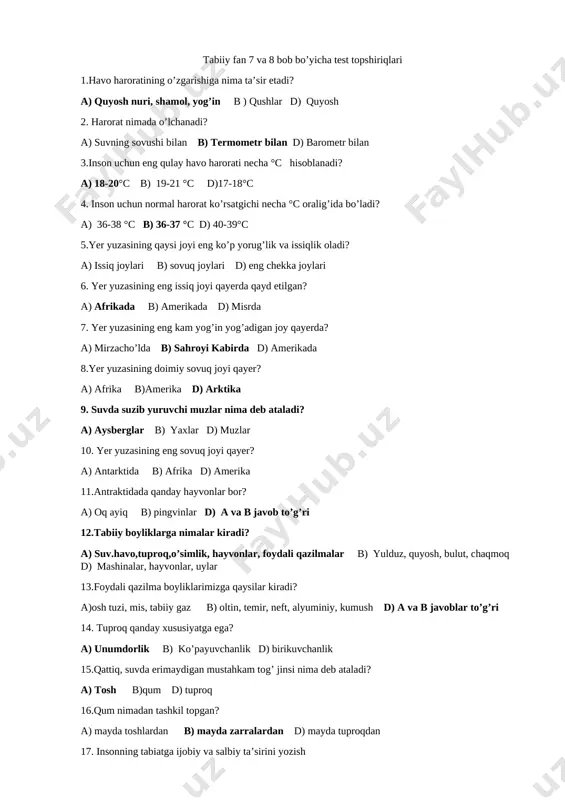 tabiiy fan 7 va 8 bob bo'yicha test topshiriqlari — DOCX
