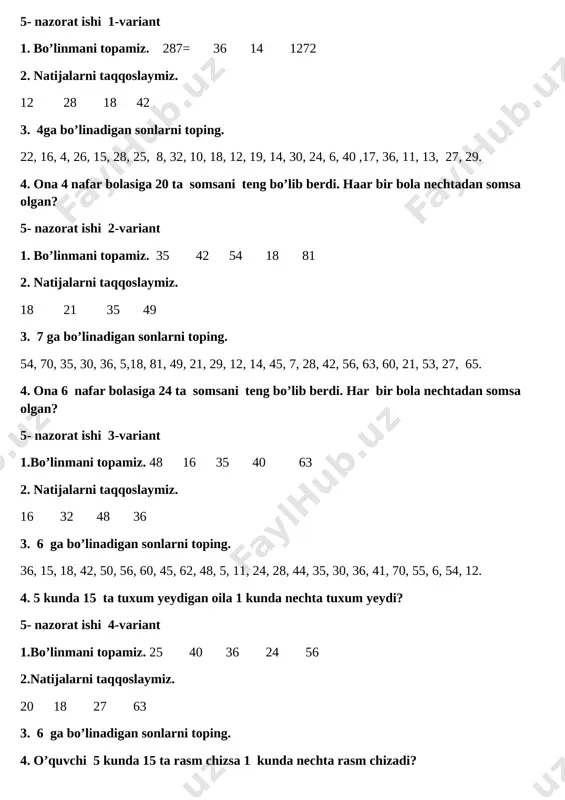 2 sinf 3-chorak 5-nazorat ishi 4 variantli — DOCX