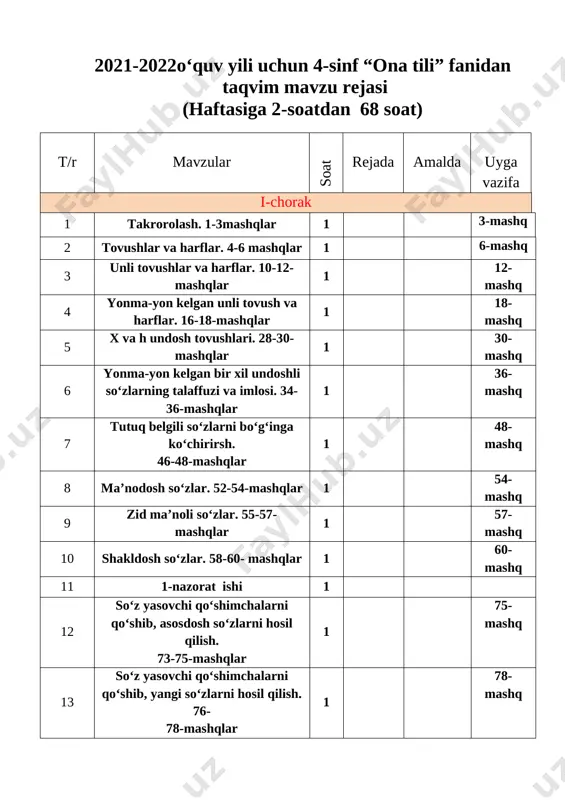 4-sinf yakka tartibga ish reja 68 soat — DOCX