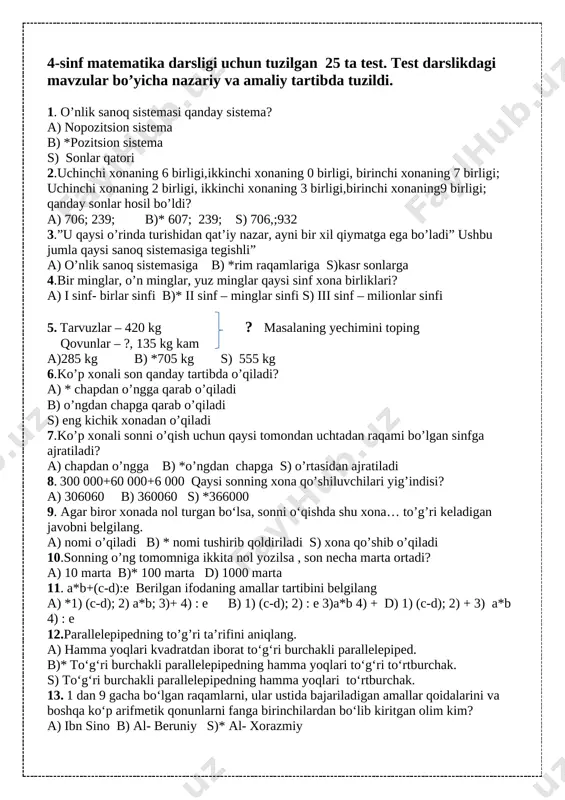 4- sinf matematika test darslikdan xtbga — DOCX