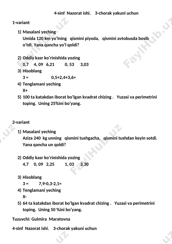4-sinf nazorat ishi 3-chorak yakuni uchun — DOCX