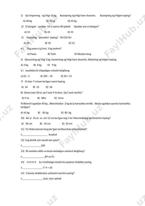 matematika 2-chorak test 2-sinf — DOCX