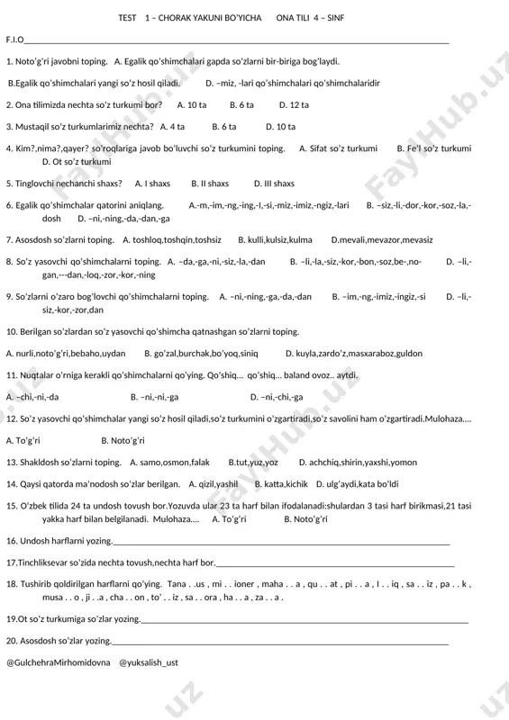 1-chorak yakuni bo'yicha ona tili 4 - sinf — DOCX