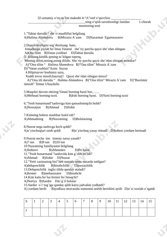 o'qish monitoring test 1-chorak 4-sinf — DOCX