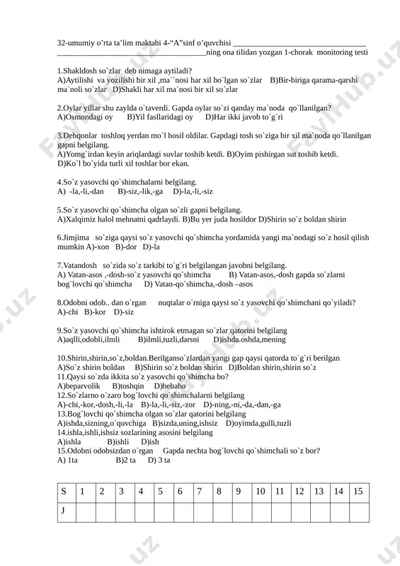 4-sinf ona tili monitoring 1-chorak — DOCX