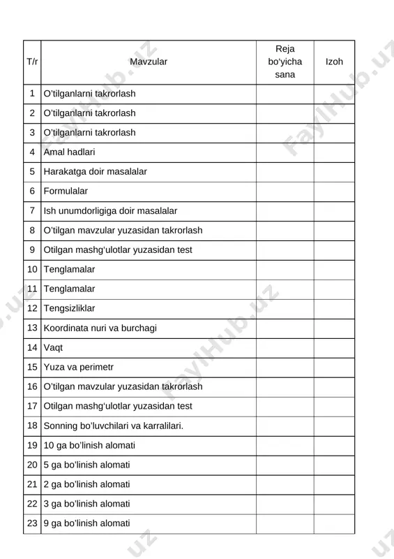 matematika 4- sinf to‘garak rejasi 1 — DOCX