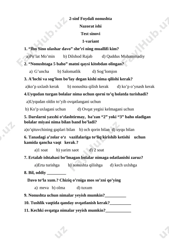 foydali nonushta. test sinovi — DOCX