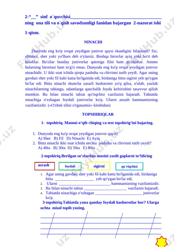 mirkamolova z nazorat ishi 2 ona tili va o`qish sav — DOCX