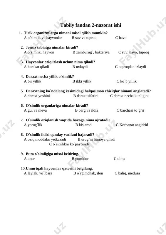 tabiiy fandan nazorat ishi 2 — DOCX