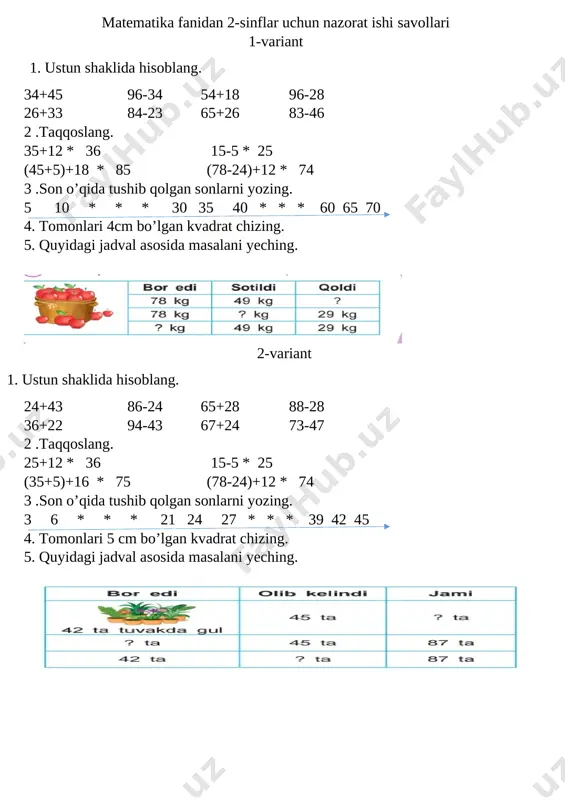 matematika fanidan 2-sinflar uchun 1-chorak nazorat ishi — DOCX