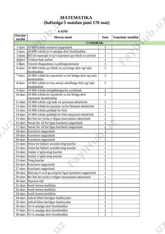4-sinf taqvimreja matematika — XLSX