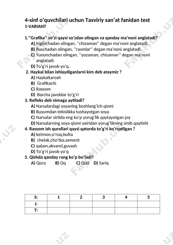 4-sinf uchun ichki nazorat testlari — DOCX
