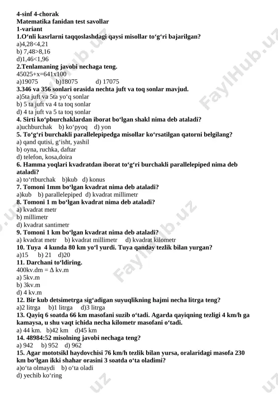 4-sinf matematika 4-chorak — DOCX