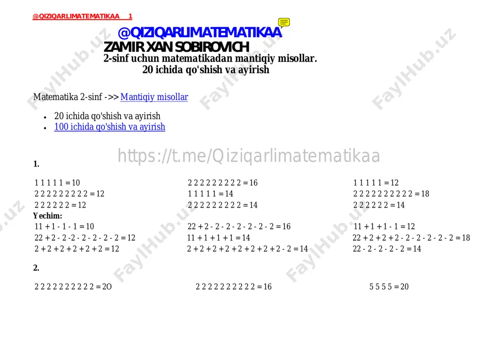 20 ichida qo'shish va ayirish — PDF