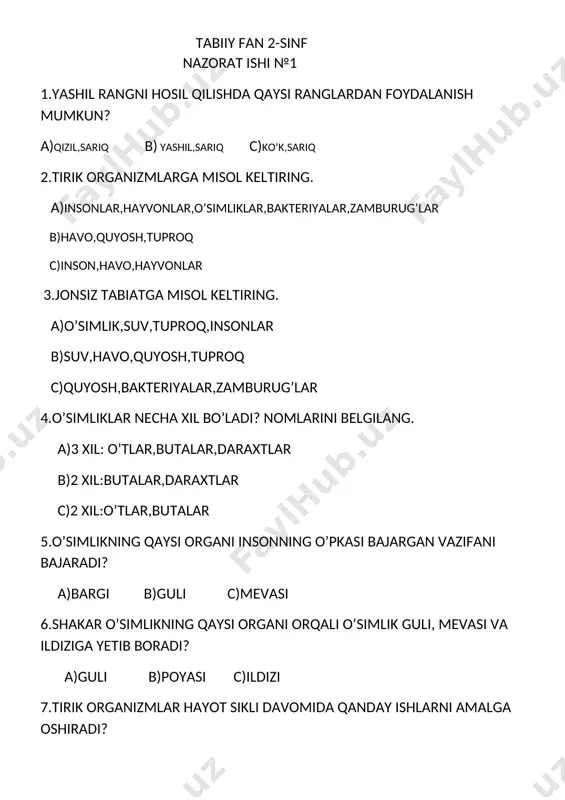 tabiiy fan test — DOCX
