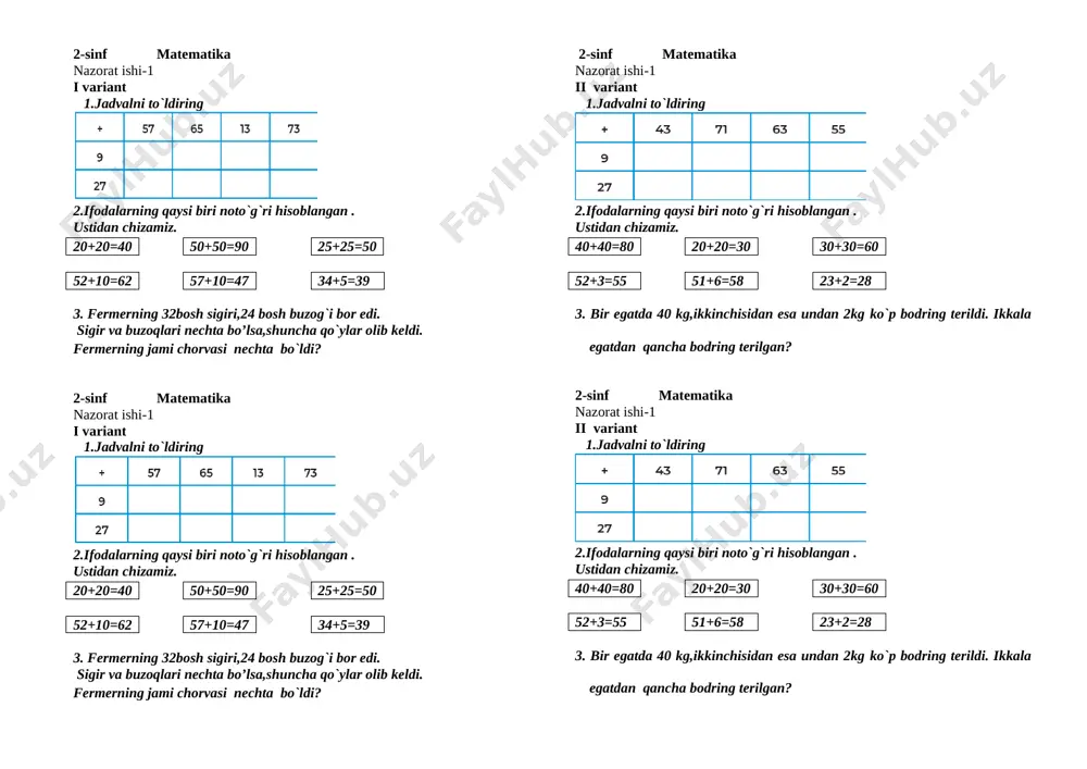 2 sinf nazorat ishi №1 — DOCX
