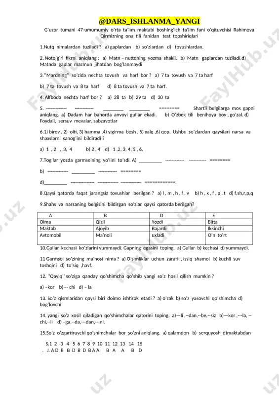 4-sinf ona tili 15 ta ochiq test (javoblari bilan)+ — DOCX