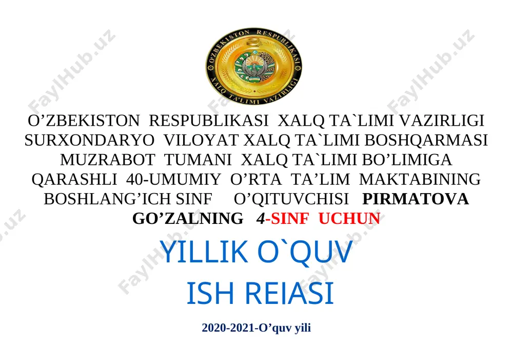 4-sinf yakka tartib ish reja — DOCX