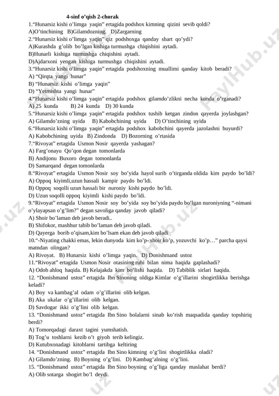 4-sinf o'qish 2-chorak test — DOCX