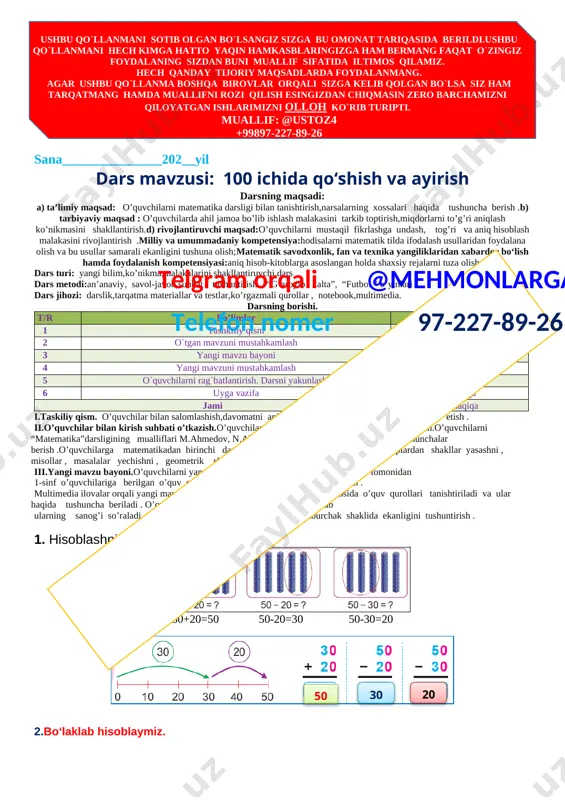2-sinf mmatematika 100 % konspekt 2021-2022 o'quv yili — DOCX