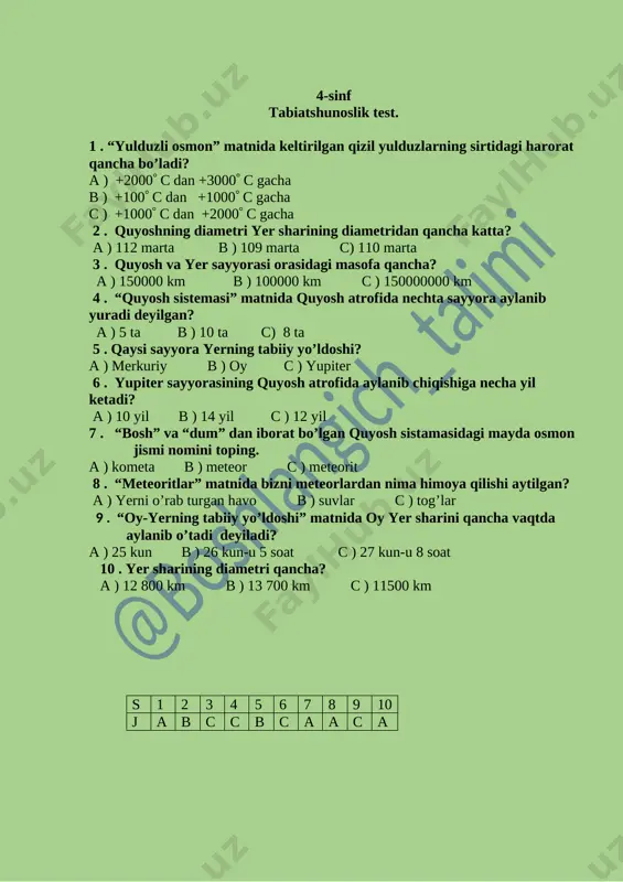 4-sinf tabiatshunoslik test. — DOCX