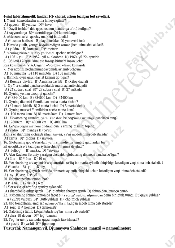 4- sinf tabatshunoslik 1-2- chorak uchun testlar — PDF