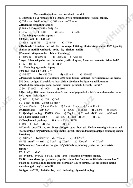 1-chorak testlar. ona o'qish matem — DOCX