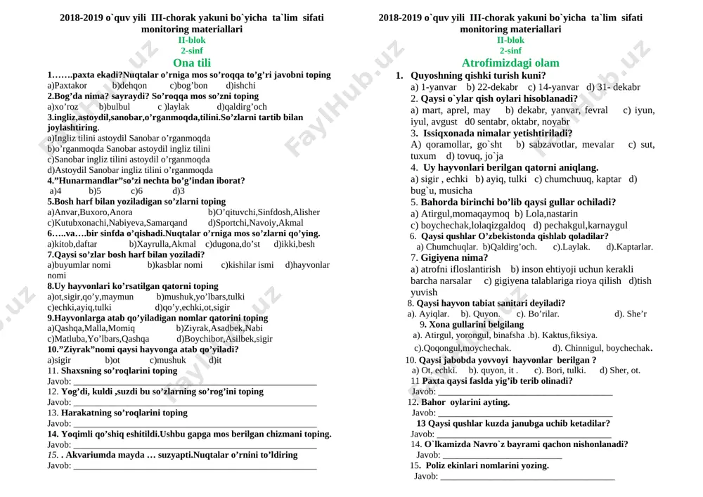 boshlang'ich 2 sinf blok testlar — DOCX