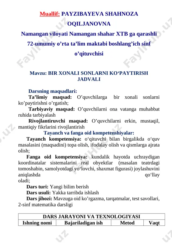2-sinf. bir xonali sonlarni ko'paytirish jadvali — DOCX