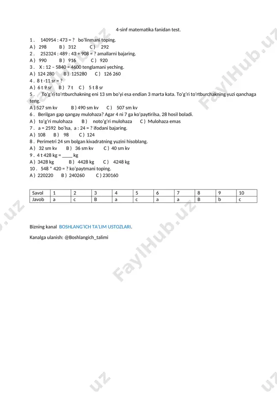 4-sinf matematika test 1 n — DOCX
