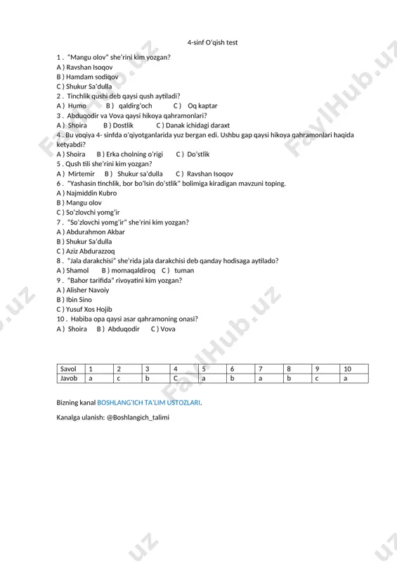 4-sinf o'qish test 1 n — DOCX