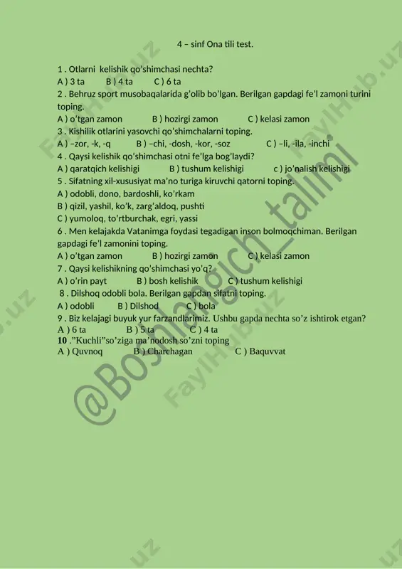 4 -sinf ona tili test. — DOCX