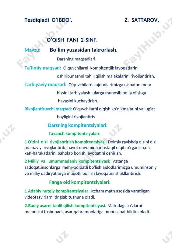 o'qish 2-sinf ochiq dars — DOCX