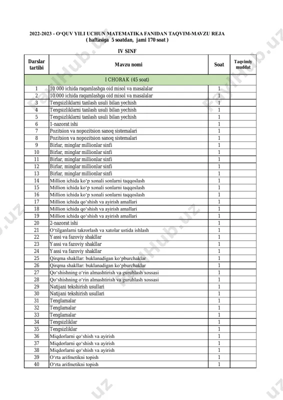 2022-2023. kalendar reja 4-sinf matematika — PDF
