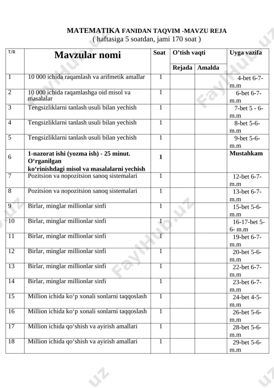 4-sinf matematika ish reja to'g'ri — DOCX
