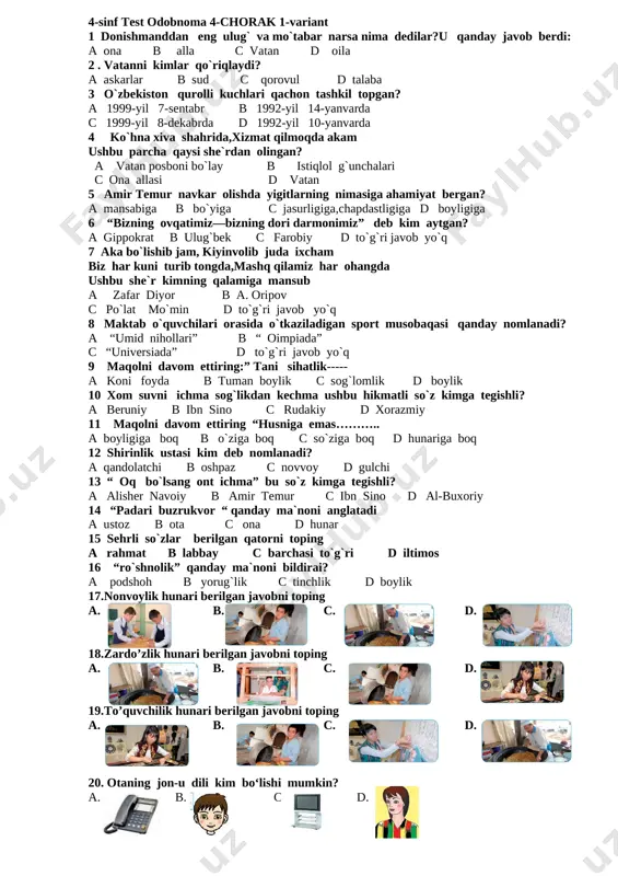 4-sinf test odobnoma 4-chorak — DOCX