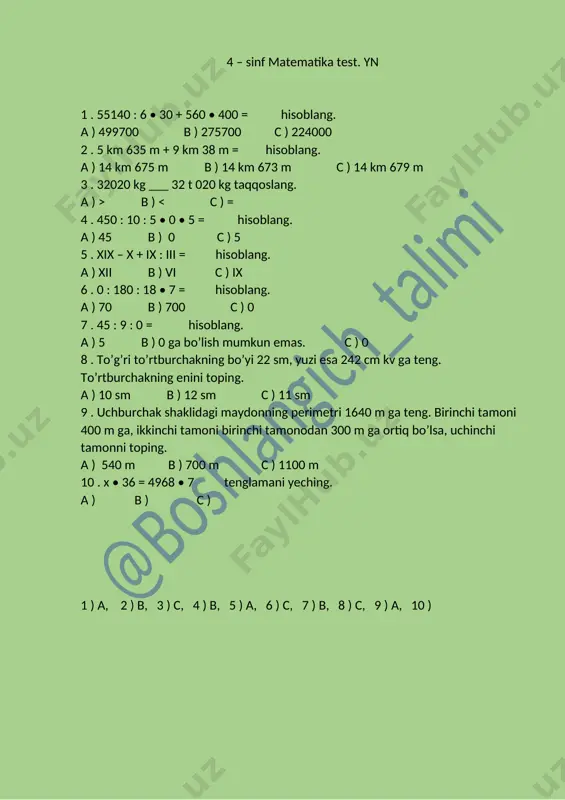 4 – sinf matematika test. yn — DOCX