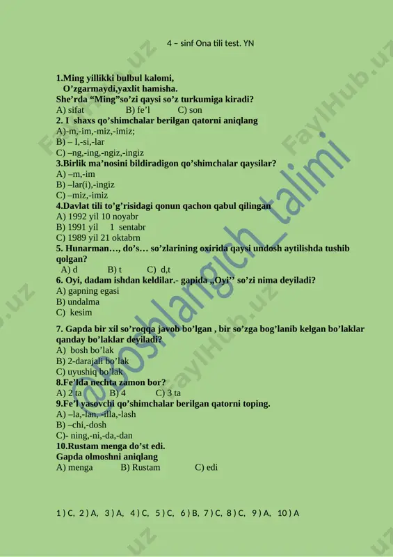 4 – sinf ona tili test. yn — DOCX