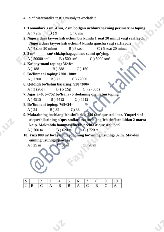 4 - sinf matematika takrorlash 2. — DOCX