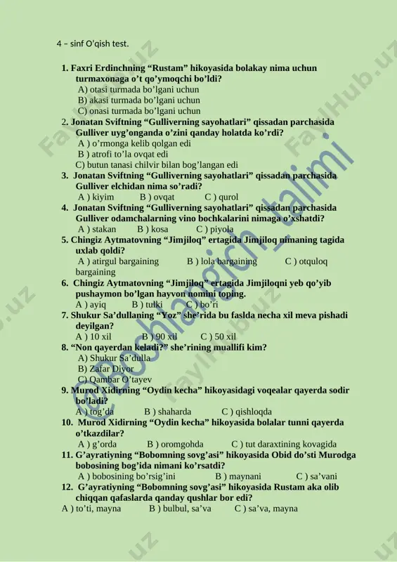 4 - sinf o'qish test. yn — DOCX