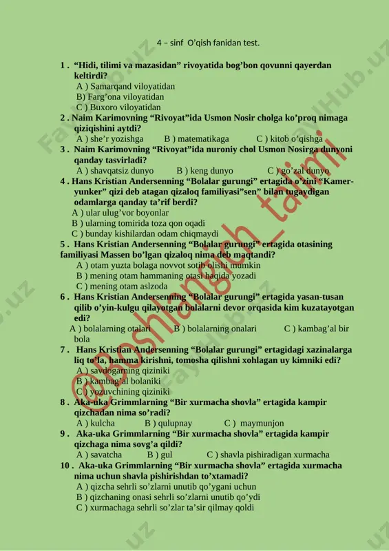 4 -sinf o'qish test — DOCX