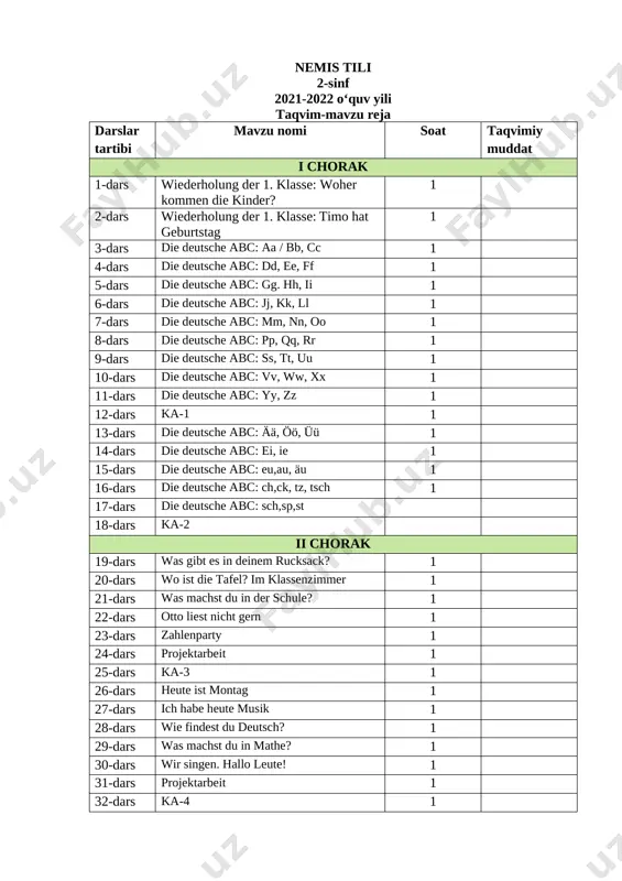 nemis tili 2-sinf taqvim-mavzu reja 2021-2022 — DOCX