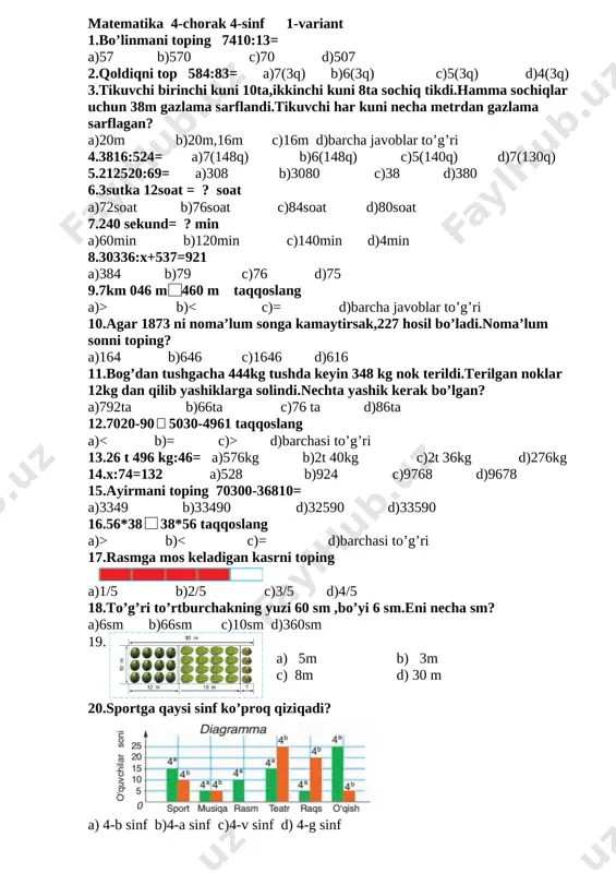 4-sinf 4-chorak matematika test 2019 — DOCX