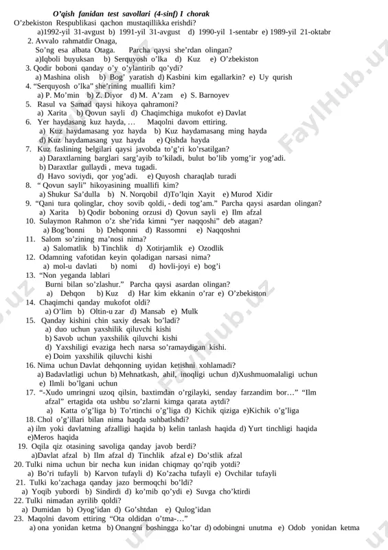 oqish-4-sinf-test-savollari — DOCX