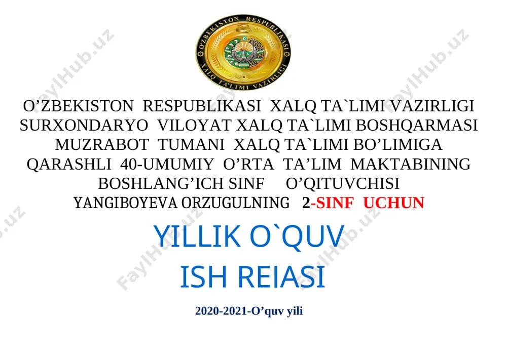 2-sinf ish reja yangisi 2020-2021 yillar uchun — DOCX